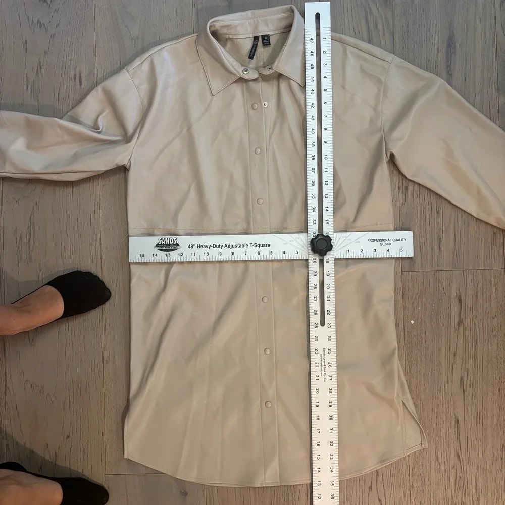 Verasona Faux Leather Shirt‎ Dress Beige Button Front Long Sleeve Career Medium